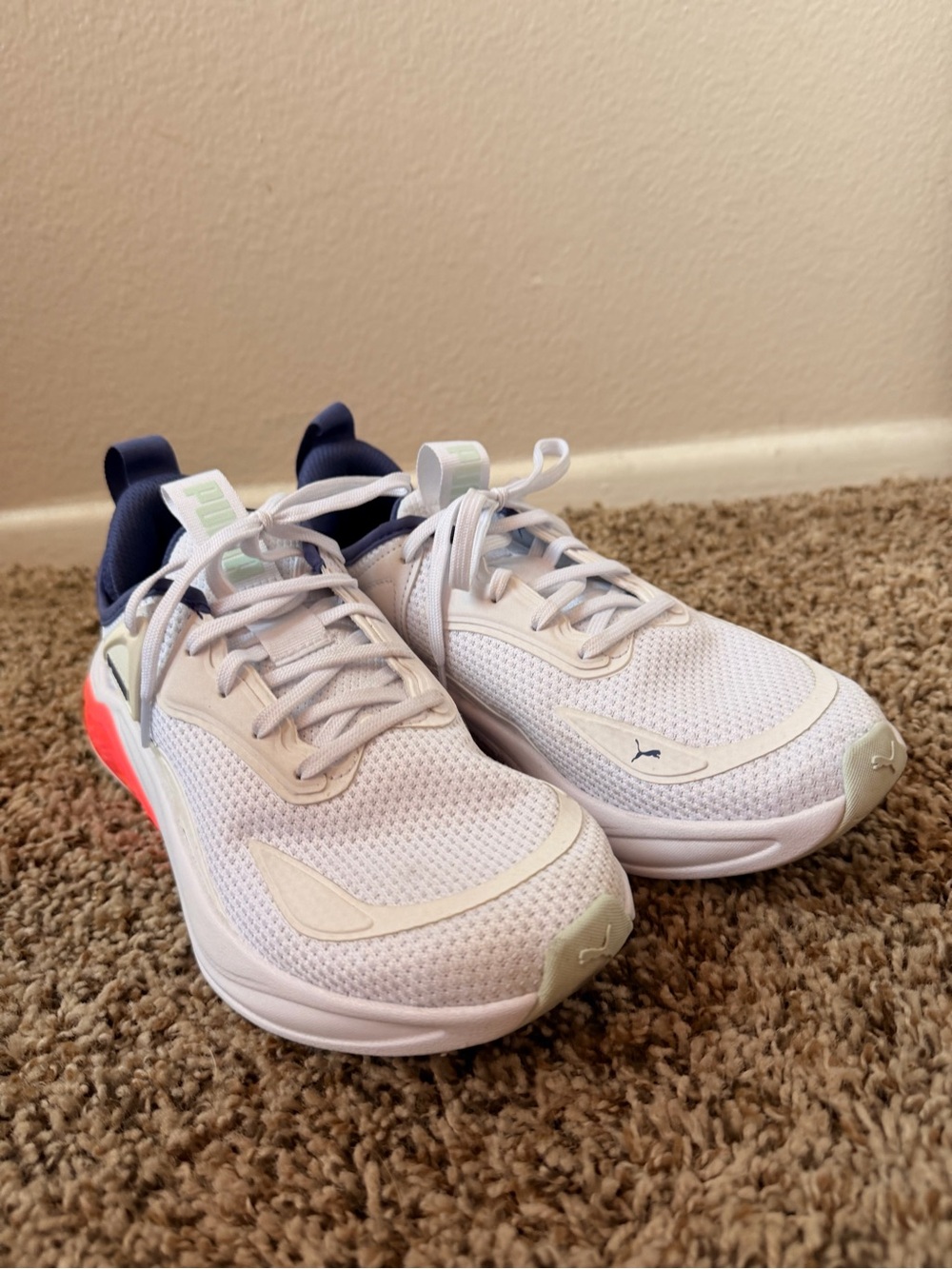 Puma White Mesh Sneakers with Navy and Coral Accents